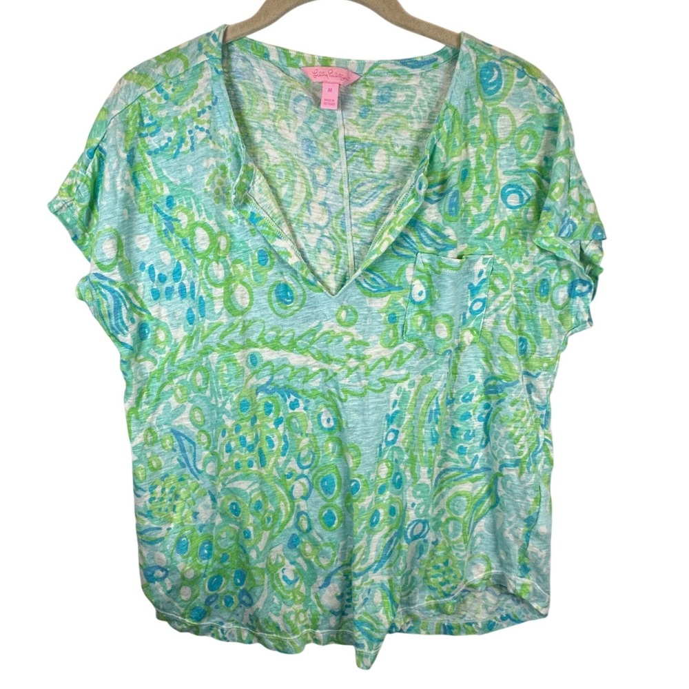 Lilly Pulitzer Etta V-Neck Linen T-Shirt Blue Green Abstract Print Medium